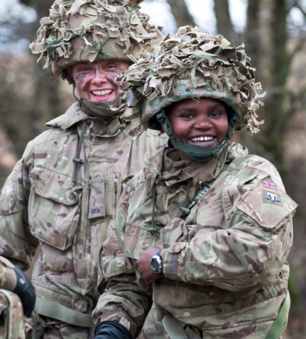 Two female soldiers in camouflage uniform
